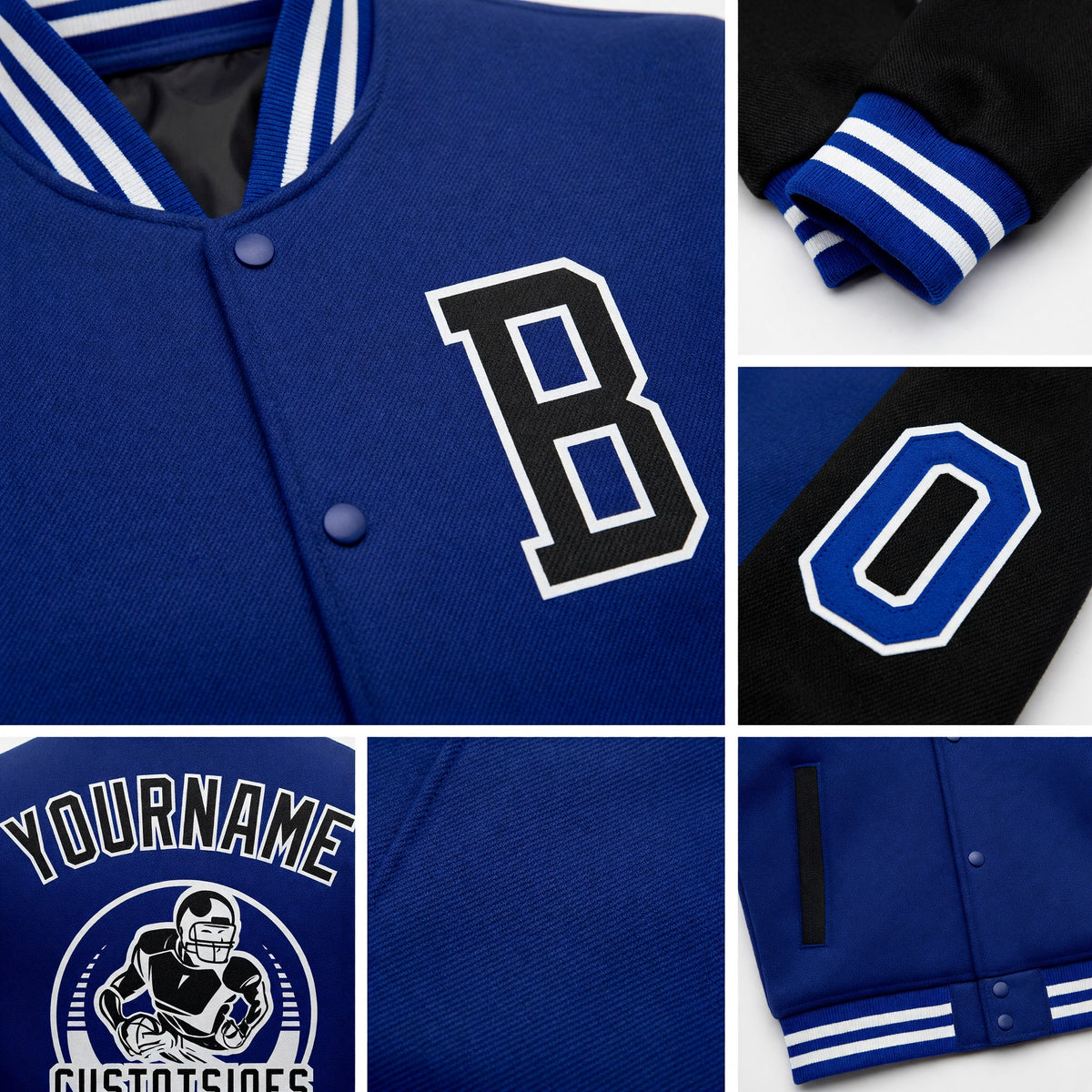 Custom Royal Black-White Bomber Full-Snap Varsity Letterman Two Tone Jacket detail