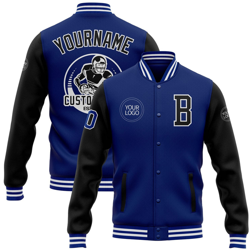 Custom Royal Black-White Bomber Full-Snap Varsity Letterman Two Tone Jacket photo 1