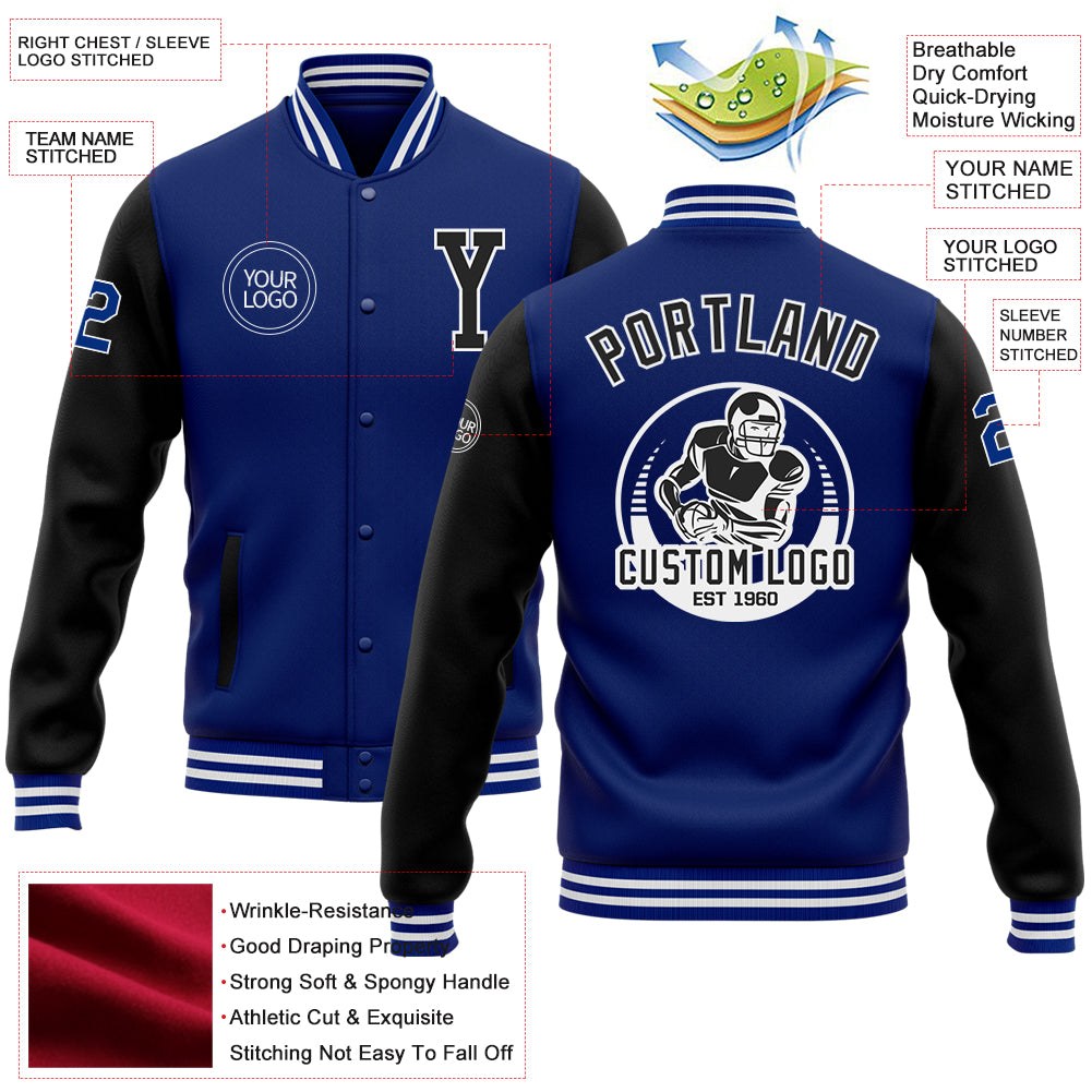 Custom Royal Black-White Bomber Full-Snap Varsity Letterman Two Tone Jacket photo 5