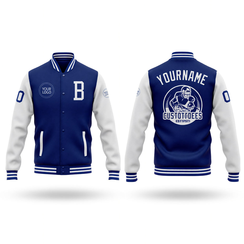 Custom Royal White Bomber Full-Snap Varsity Letterman Two Tone Jacket