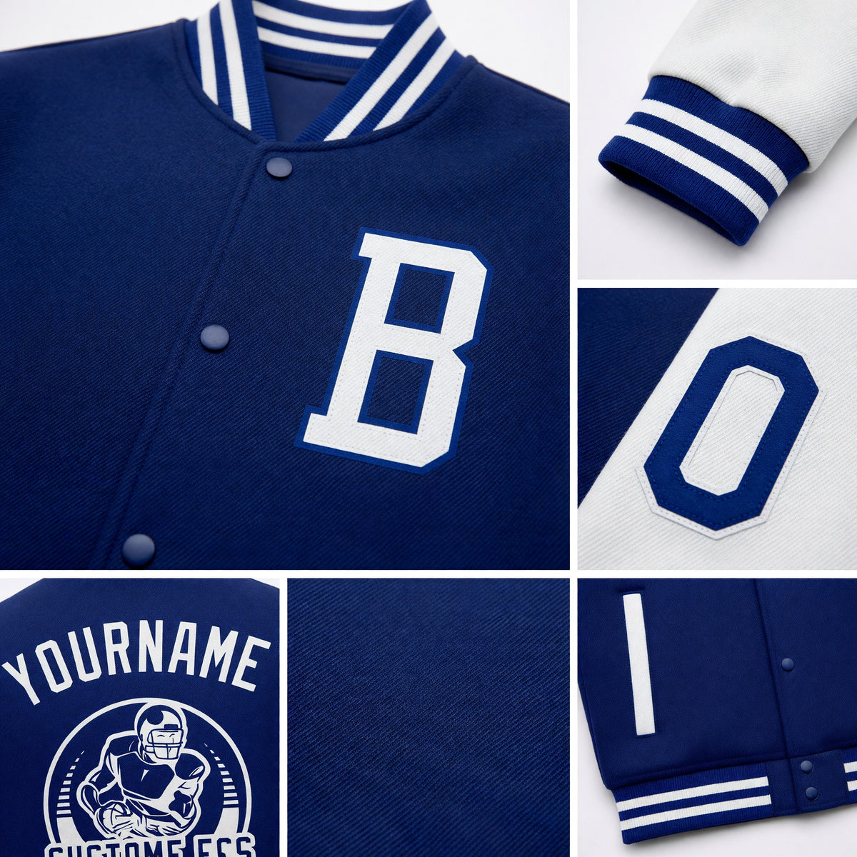 Custom Royal White Bomber Full-Snap Varsity Letterman Two Tone Jacket detail