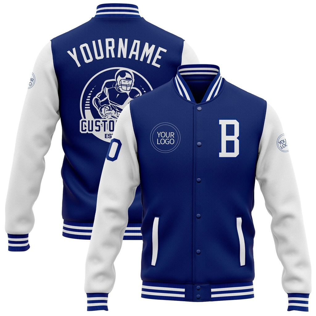 Custom Royal White Bomber Full-Snap Varsity Letterman Two Tone Jacket photo 1