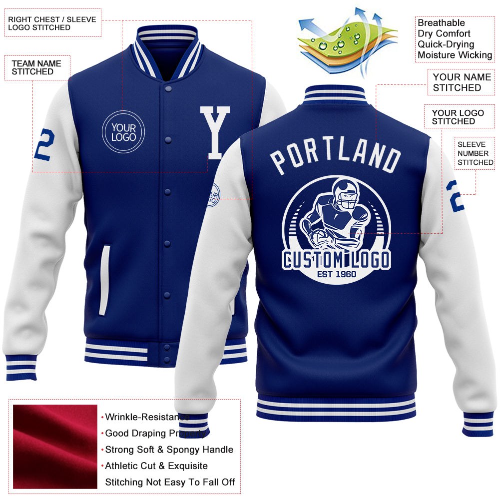 Custom Royal White Bomber Full-Snap Varsity Letterman Two Tone Jacket photo 5