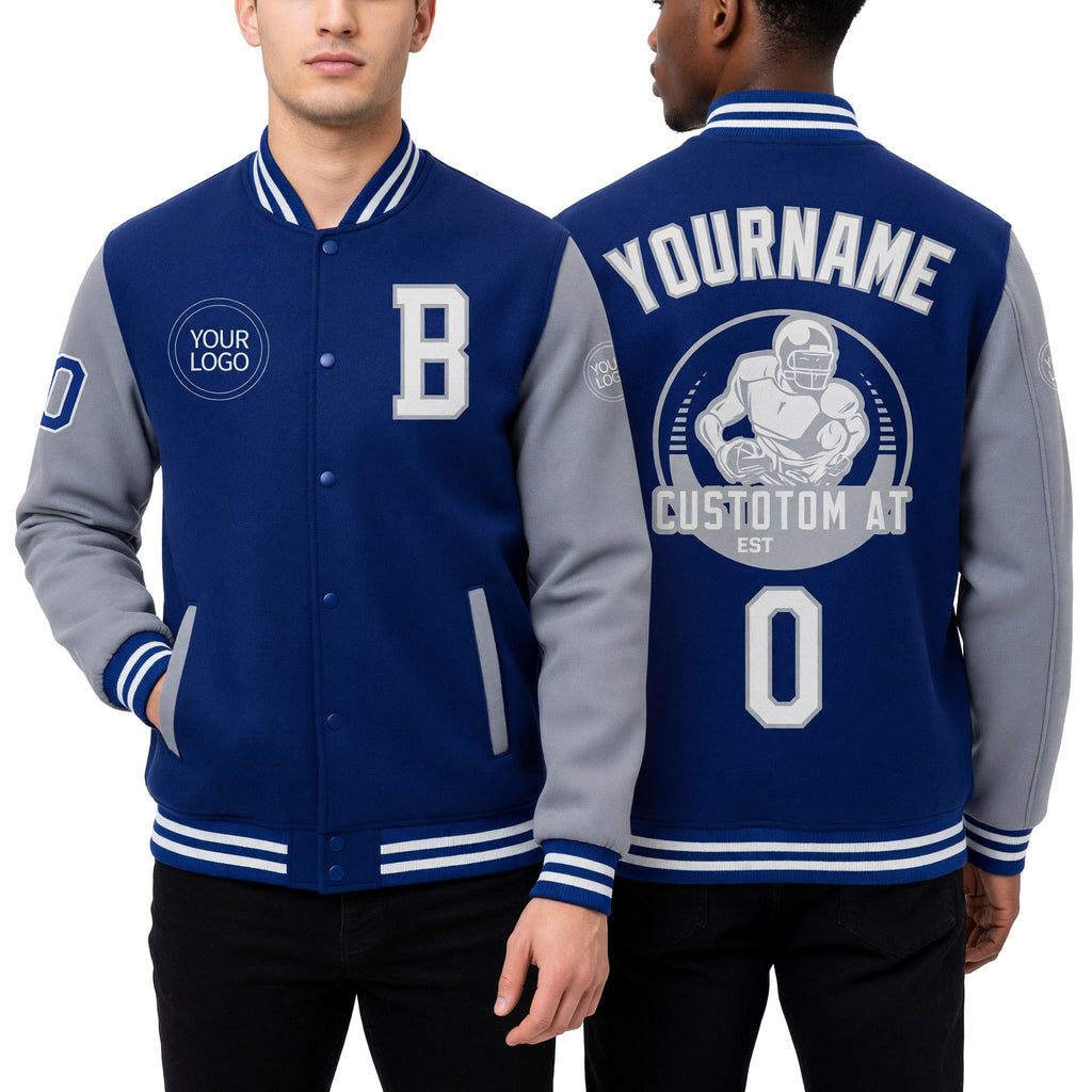 Custom Royal White-Gray Bomber Full-Snap Varsity Letterman Two Tone Jacket worn front and back