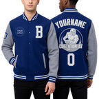 Custom Royal White-Gray Bomber Full-Snap Varsity Letterman Two Tone Jacket worn front and back