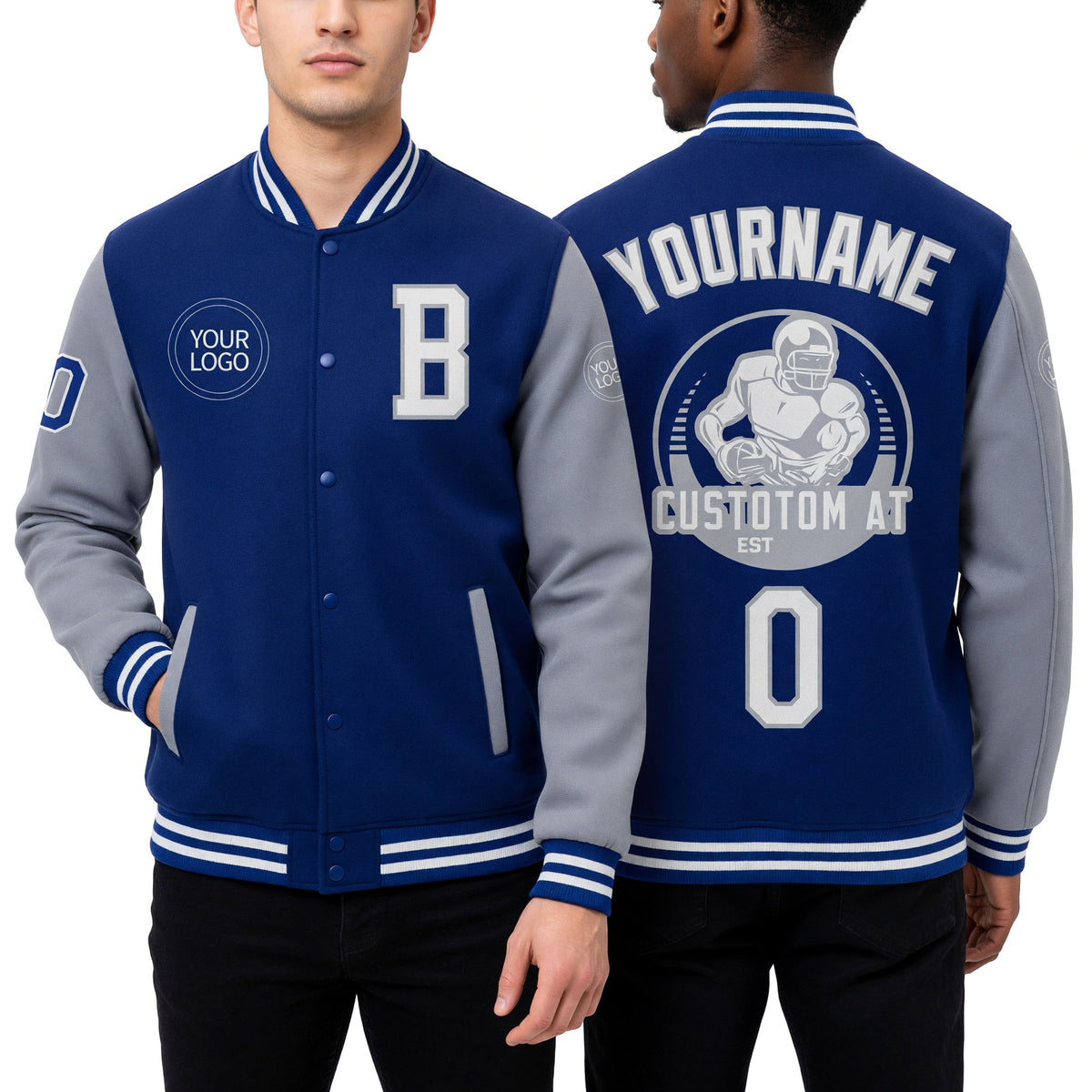 Custom Royal White-Gray Bomber Full-Snap Varsity Letterman Two Tone Jacket worn front and back