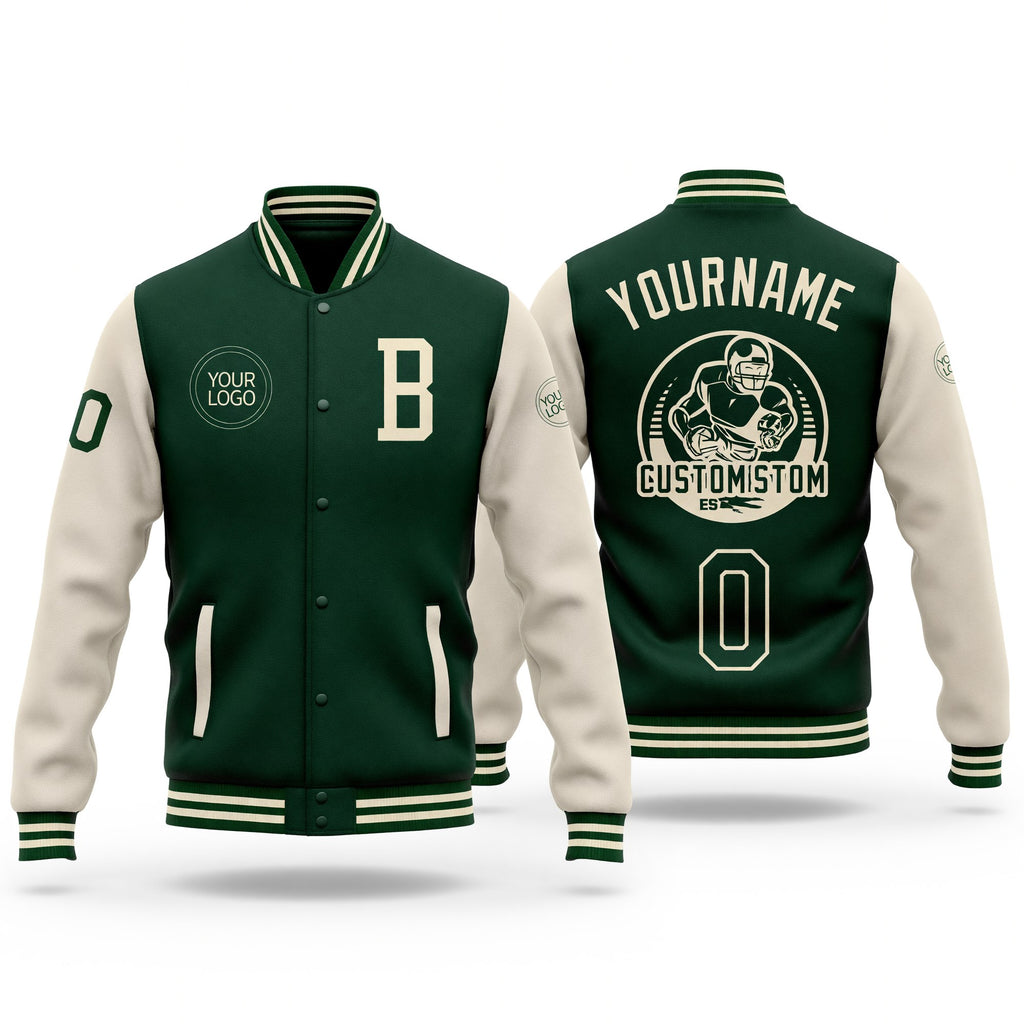 Custom Green Cream Bomber Full-Snap Varsity Letterman Two Tone Jacket