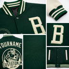 Custom Green Cream Bomber Full-Snap Varsity Letterman Two Tone Jacket detail