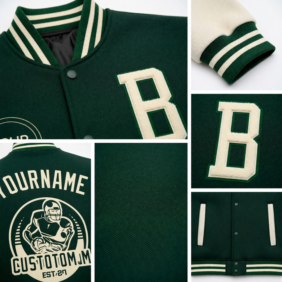 Custom Green Cream Bomber Full-Snap Varsity Letterman Two Tone Jacket detail
