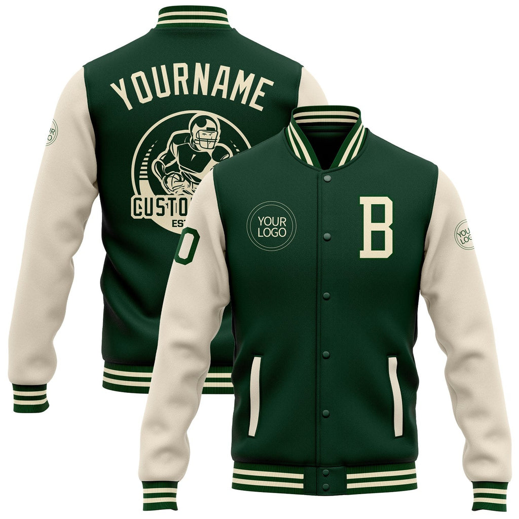 Custom Green Cream Bomber Full-Snap Varsity Letterman Two Tone Jacket photo 1