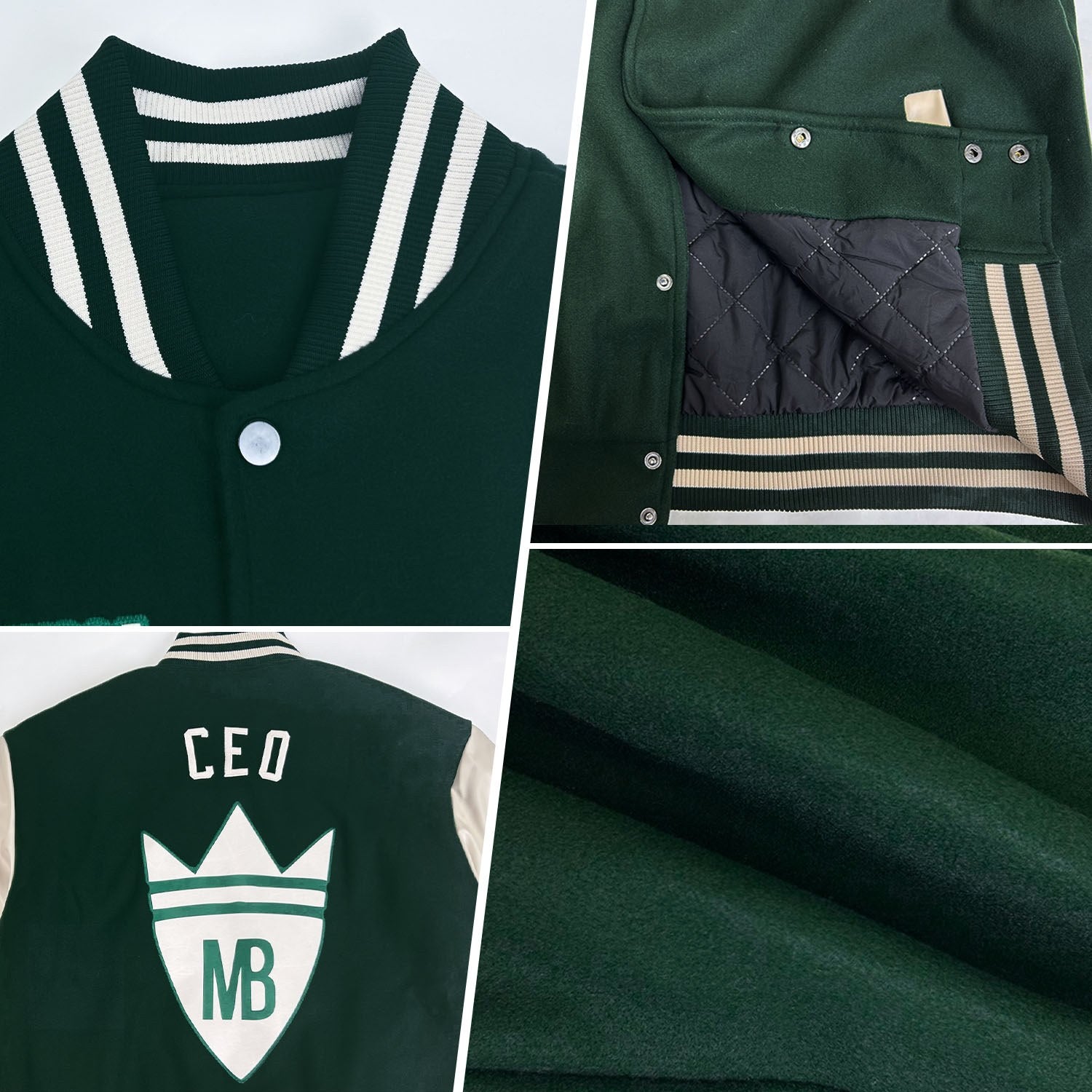 Custom Green Cream Bomber Full-Snap Varsity Letterman Two Tone Jacket photo 4