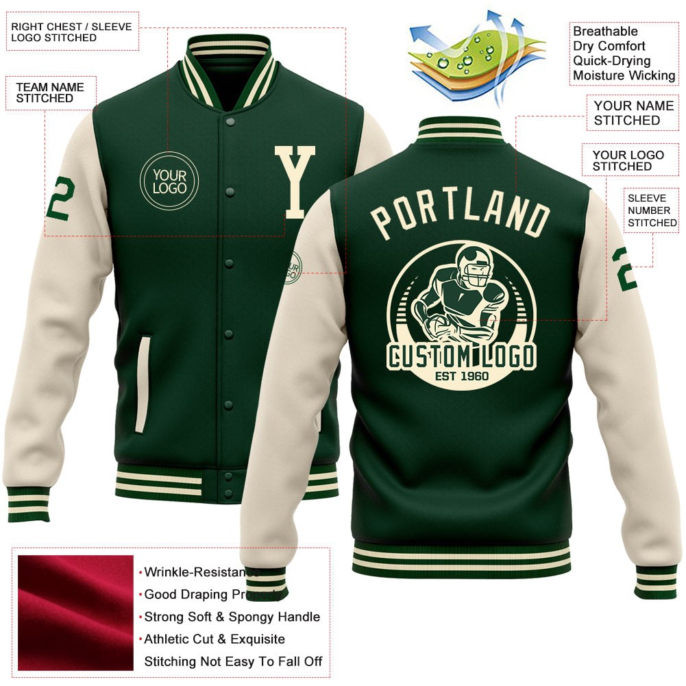 Custom Green Cream Bomber Full-Snap Varsity Letterman Two Tone Jacket photo 5