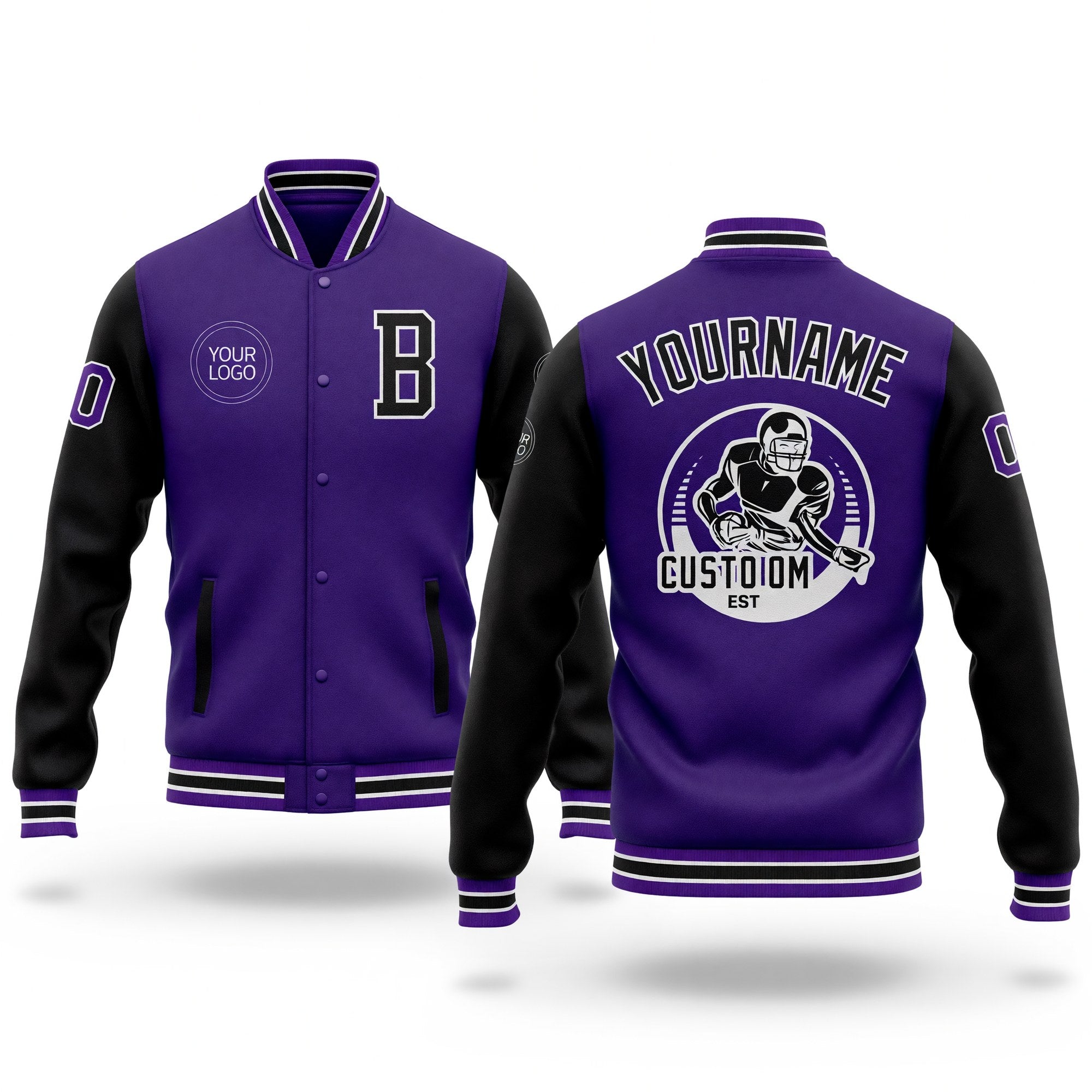 Custom Purple Black Bomber Full-Snap Varsity Letterman Two Tone Jacket