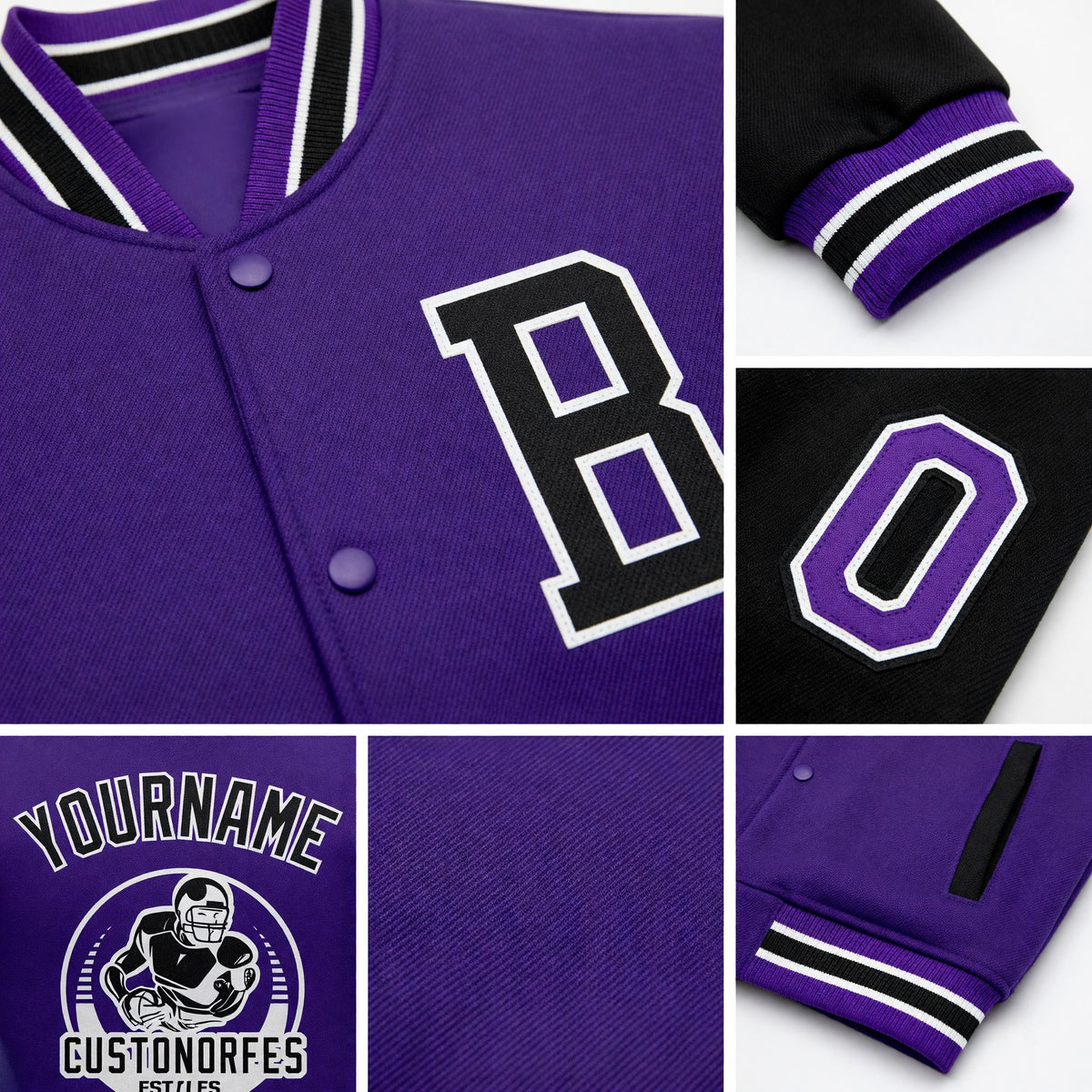 Custom Purple Black Bomber Full-Snap Varsity Letterman Two Tone Jacket detail