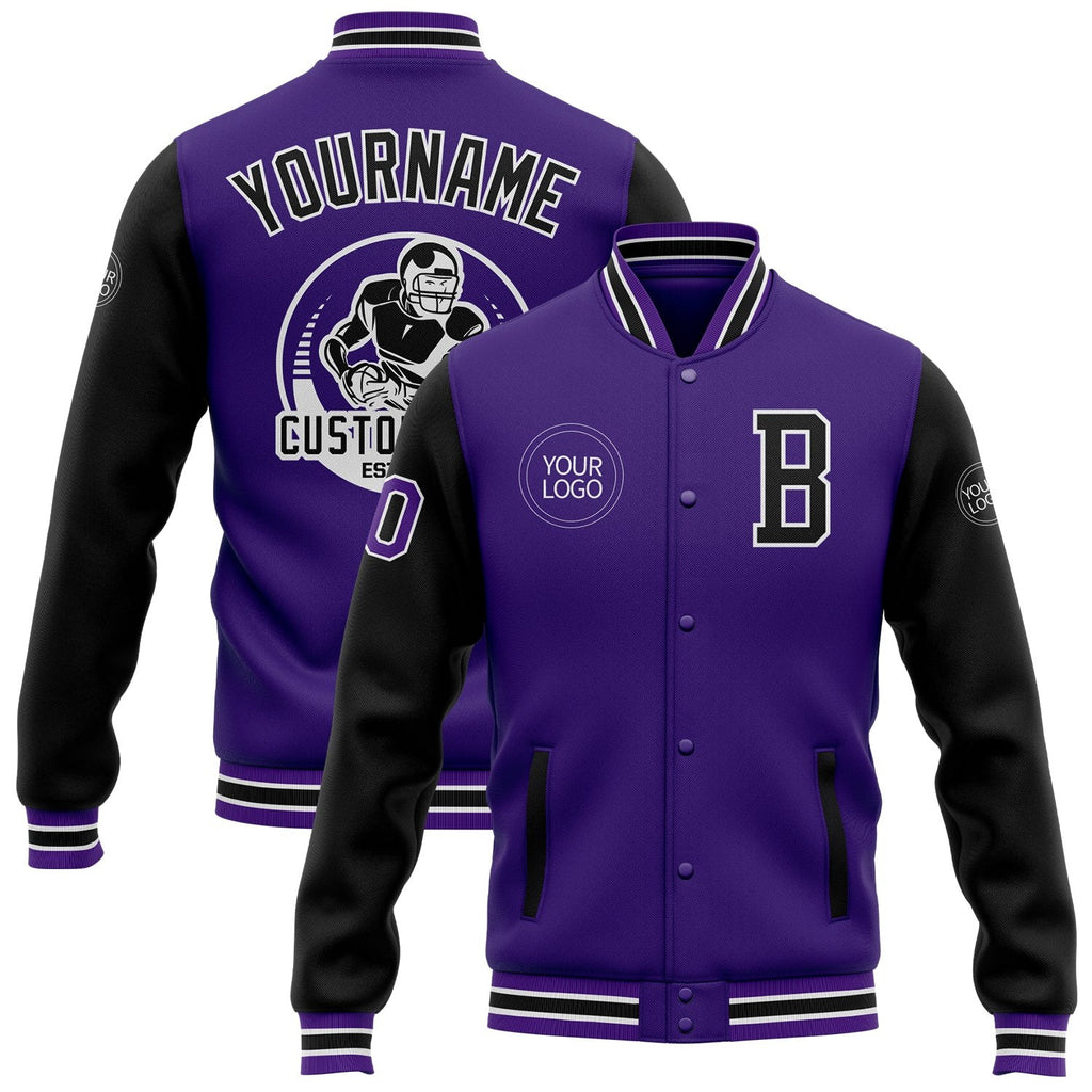 Custom Purple Black Bomber Full-Snap Varsity Letterman Two Tone Jacket photo 1