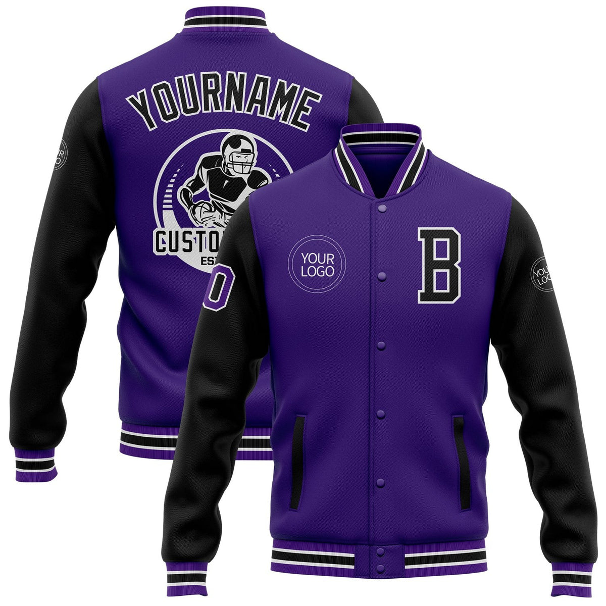 Custom Purple Black Bomber Full-Snap Varsity Letterman Two Tone Jacket photo 1