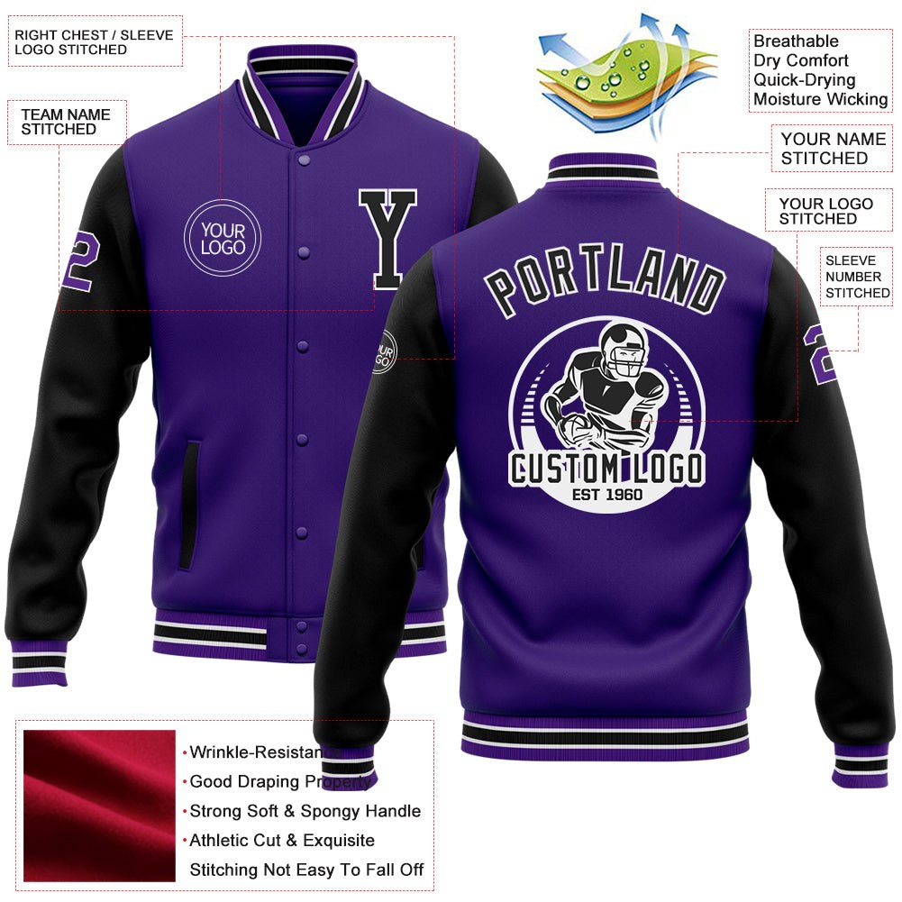 Custom Purple Black Bomber Full-Snap Varsity Letterman Two Tone Jacket photo 5