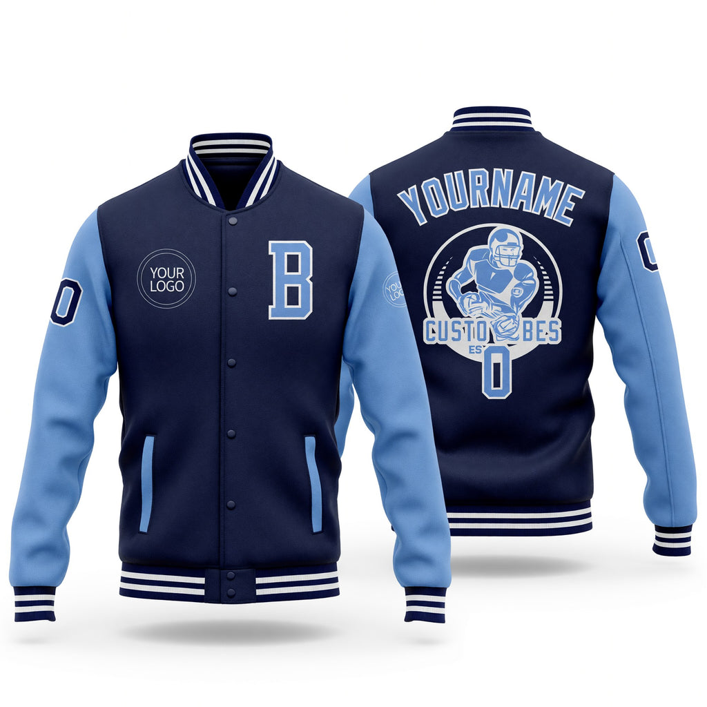 Custom Navy Light Blue-White Bomber Full-Snap Varsity Letterman Two Tone Jacket