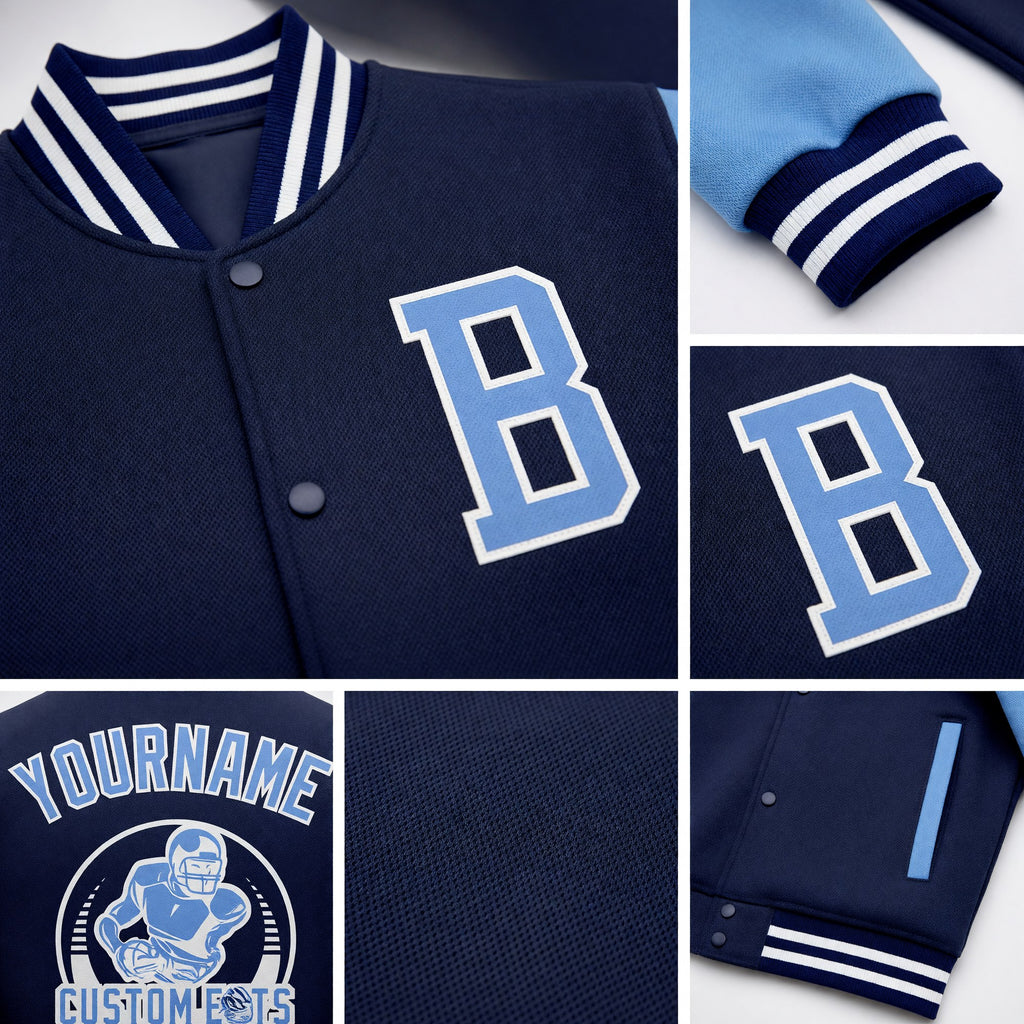 Custom Navy Light Blue-White Bomber Full-Snap Varsity Letterman Two Tone Jacket detail