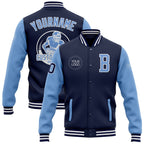 Custom Navy Light Blue-White Bomber Full-Snap Varsity Letterman Two Tone Jacket photo 1