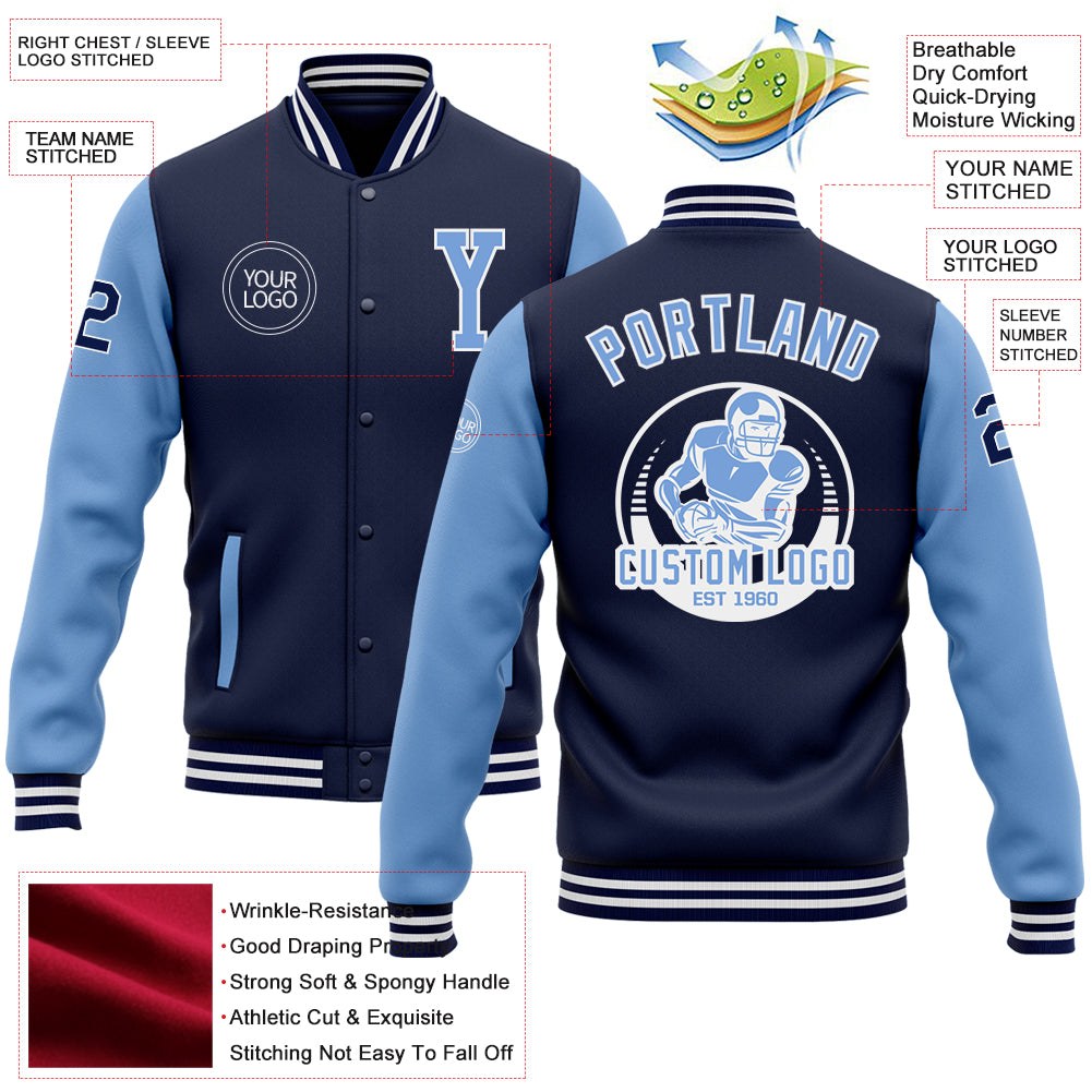 Custom Navy Light Blue-White Bomber Full-Snap Varsity Letterman Two Tone Jacket photo 5