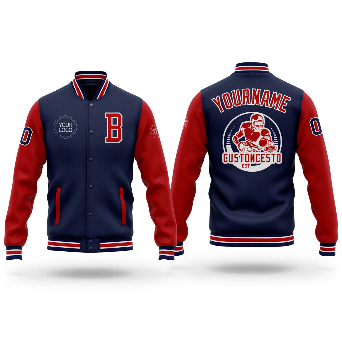 Custom Navy Red-White Bomber Full-Snap Varsity Letterman Two Tone Jacket