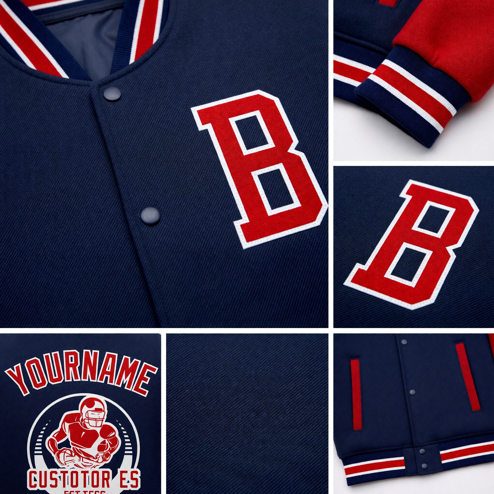 Custom Navy Red-White Bomber Full-Snap Varsity Letterman Two Tone Jacket detail