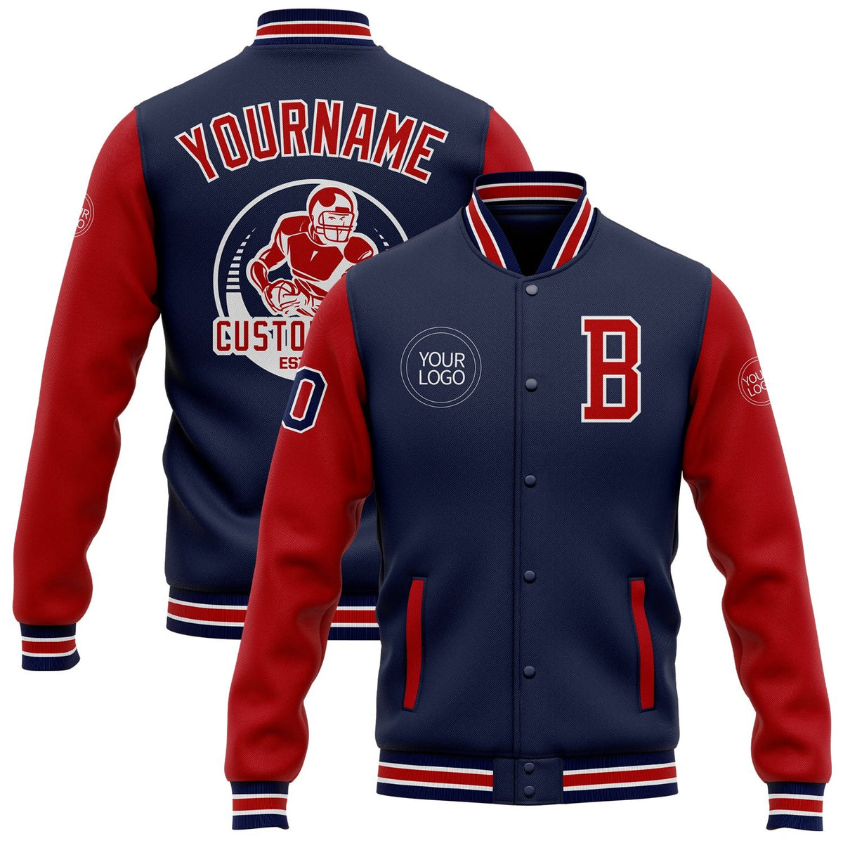 Custom Navy Red-White Bomber Full-Snap Varsity Letterman Two Tone Jacket photo 1