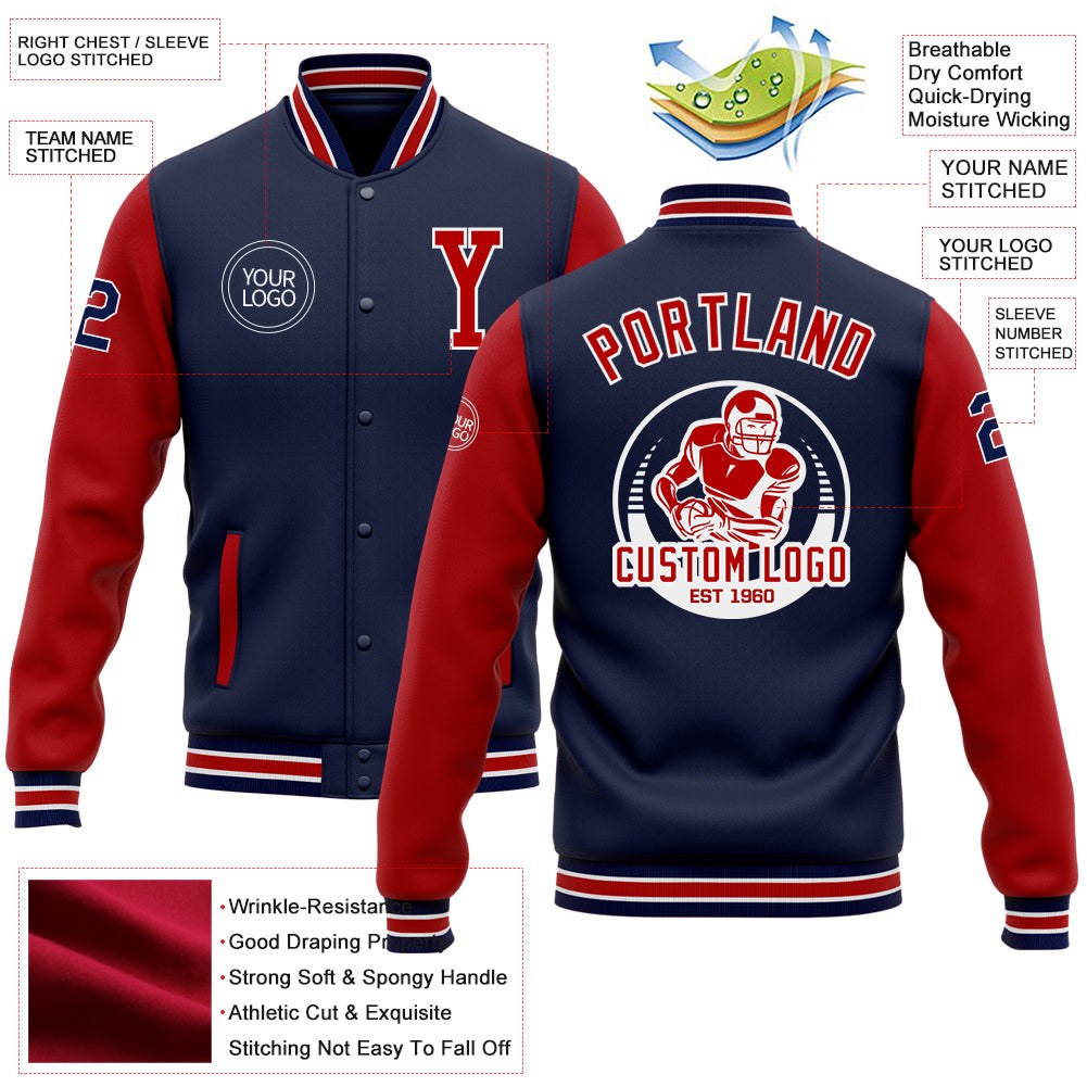 Custom Navy Red-White Bomber Full-Snap Varsity Letterman Two Tone Jacket photo 5