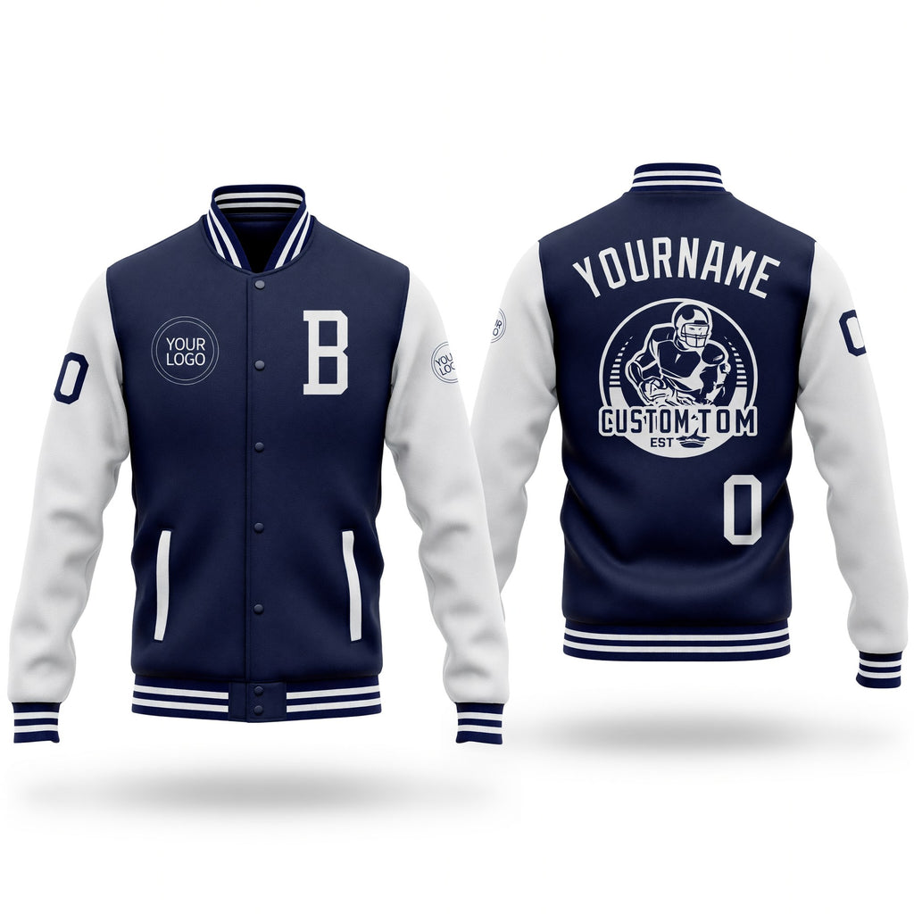 Custom Navy White Bomber Full-Snap Varsity Letterman Two Tone Jacket
