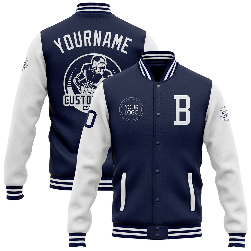 Custom Navy White Bomber Full-Snap Varsity Letterman Two Tone Jacket photo 1