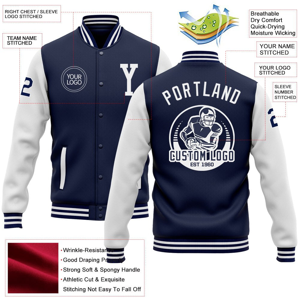 Custom Navy White Bomber Full-Snap Varsity Letterman Two Tone Jacket photo 5