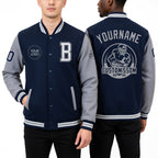 Custom Navy White-Gray Bomber Full-Snap Varsity Letterman Two Tone Jacket worn front and back
