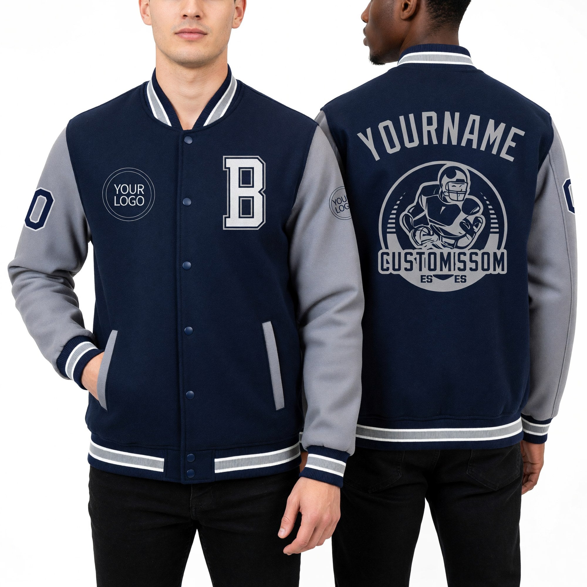 Custom Navy White-Gray Bomber Full-Snap Varsity Letterman Two Tone Jacket worn front and back