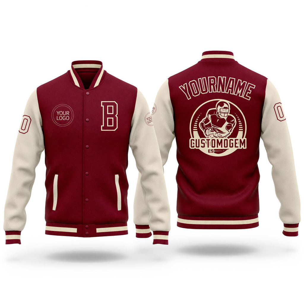 Custom Crimson Cream-Maroon Bomber Full-Snap Varsity Letterman Two Tone Jacket