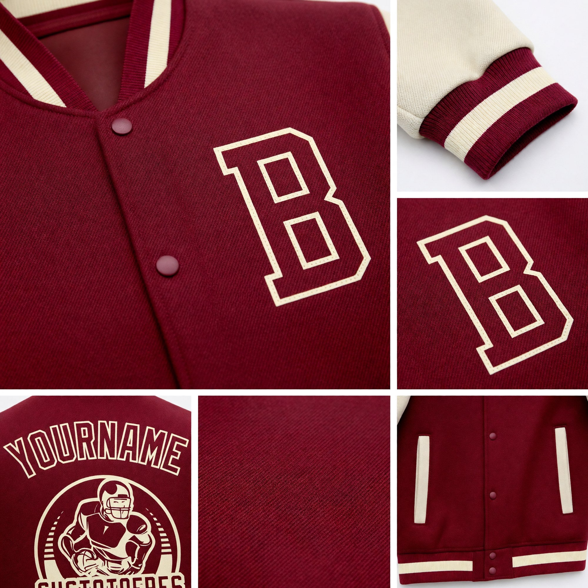 Custom Crimson Cream-Maroon Bomber Full-Snap Varsity Letterman Two Tone Jacket detail