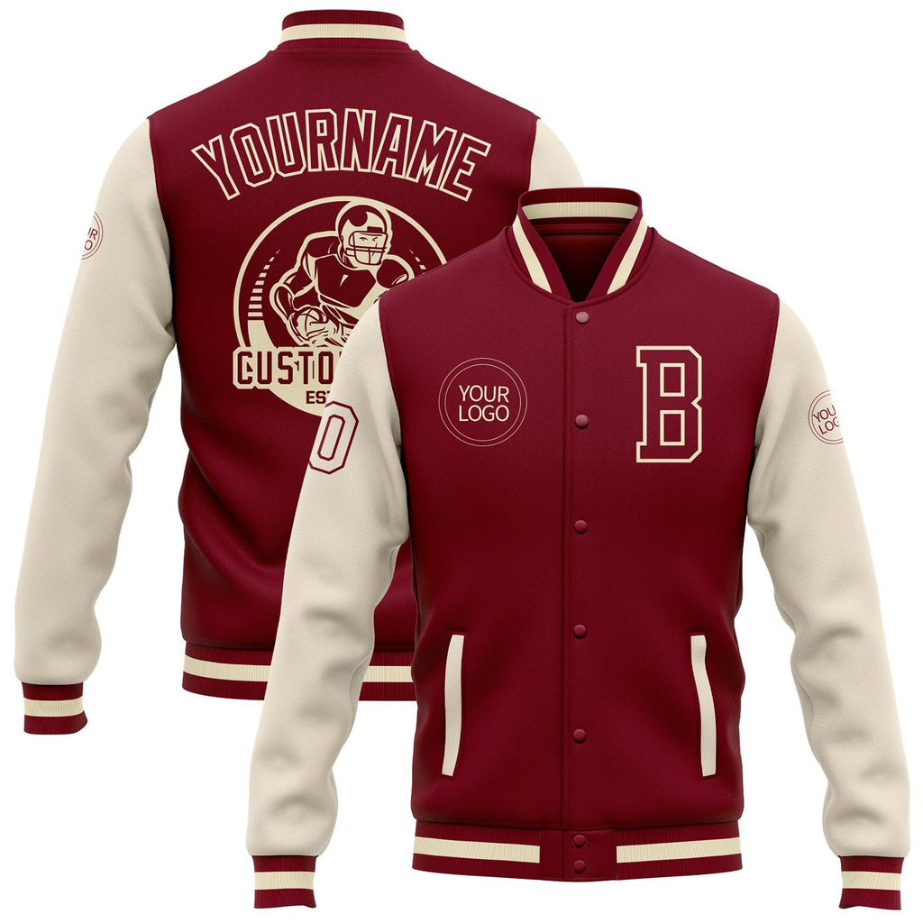 Custom Crimson Cream-Maroon Bomber Full-Snap Varsity Letterman Two Tone Jacket photo 1