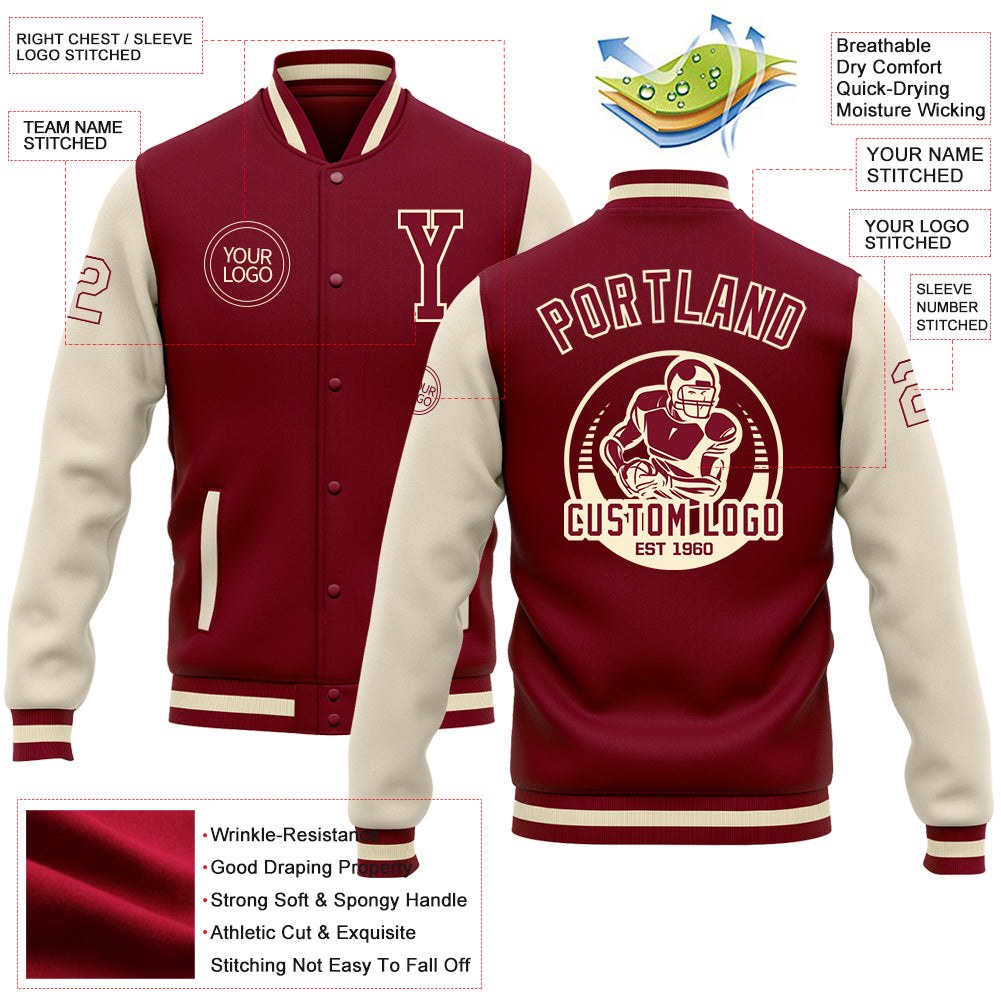 Custom Crimson Cream-Maroon Bomber Full-Snap Varsity Letterman Two Tone Jacket photo 5