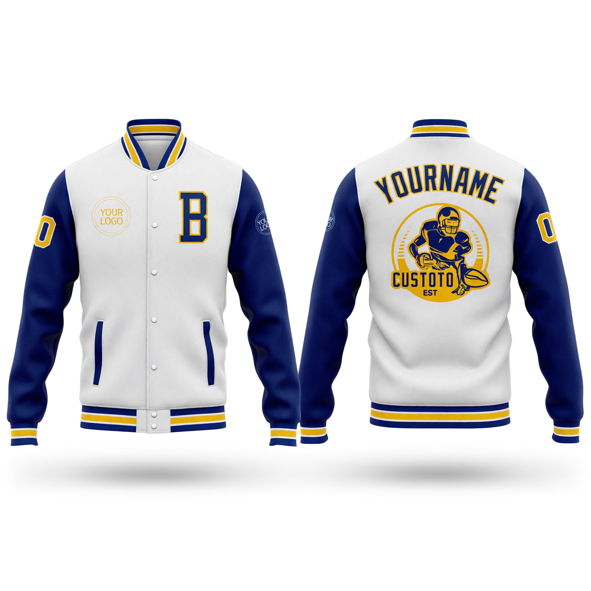 Custom White Royal-Yellow Bomber Full-Snap Varsity Letterman Two Tone Jacket