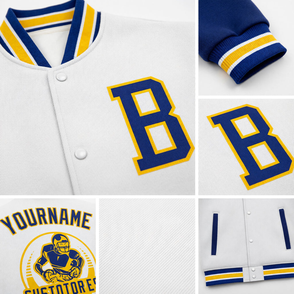 Custom White Royal-Yellow Bomber Full-Snap Varsity Letterman Two Tone Jacket detail