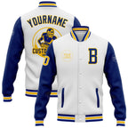 Custom White Royal-Yellow Bomber Full-Snap Varsity Letterman Two Tone Jacket photo 1
