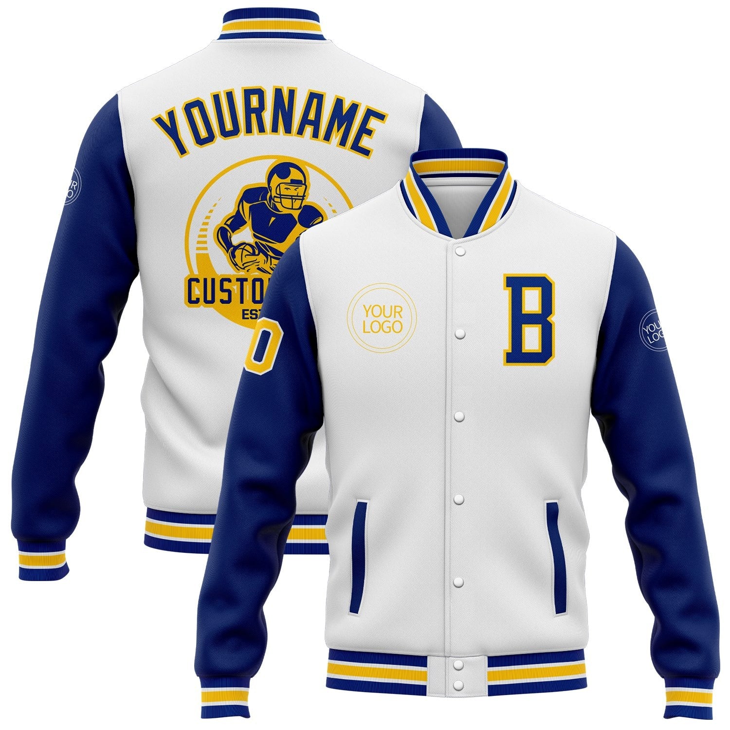 Custom White Royal-Yellow Bomber Full-Snap Varsity Letterman Two Tone Jacket photo 1