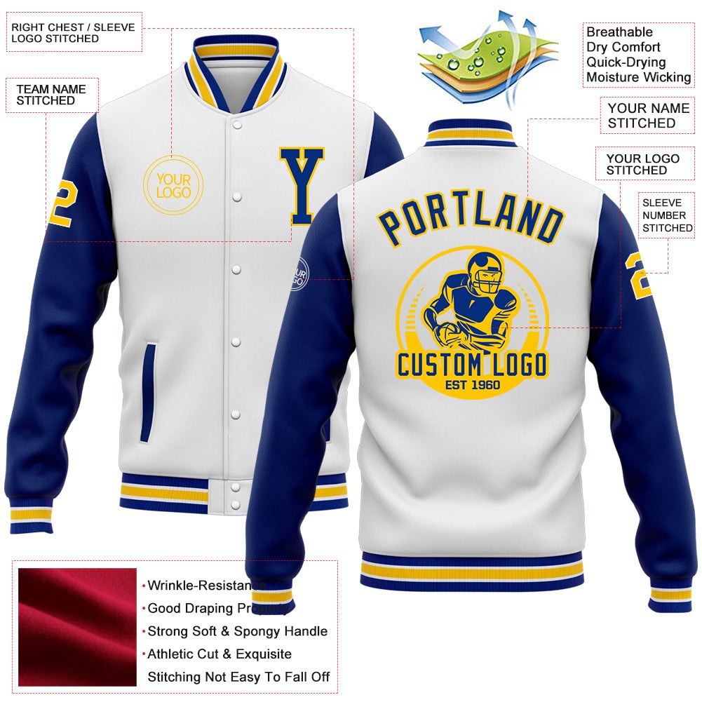 Custom White Royal-Yellow Bomber Full-Snap Varsity Letterman Two Tone Jacket photo 5