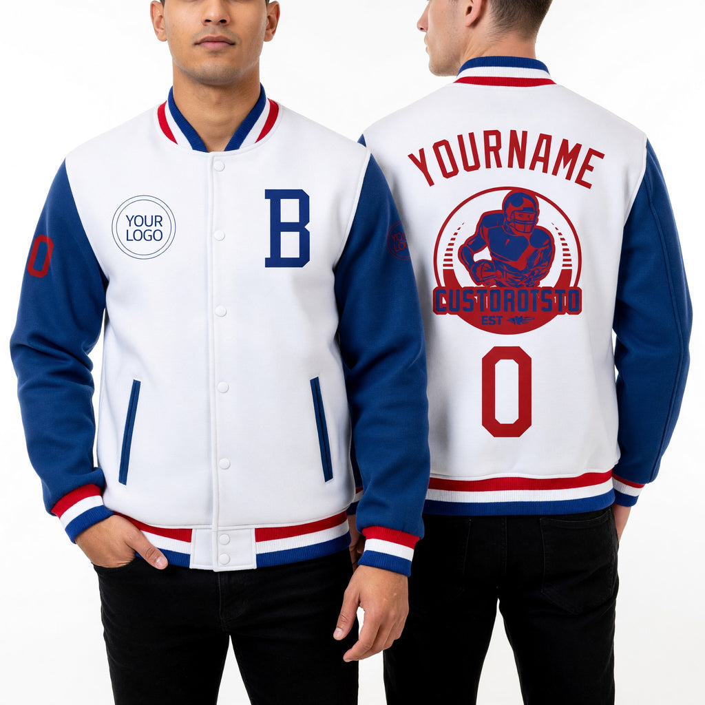 Custom White Royal-Red Bomber Full-Snap Varsity Letterman Two Tone Jacket worn front and back