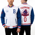 Custom White Royal-Red Bomber Full-Snap Varsity Letterman Two Tone Jacket worn front and back