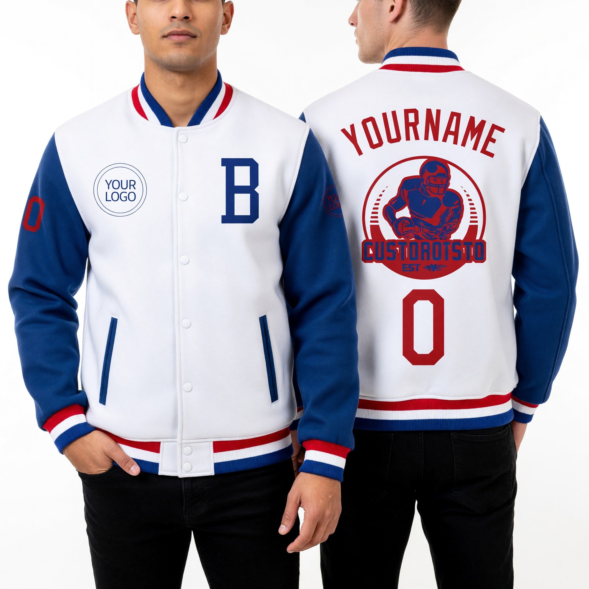 Custom White Royal-Red Bomber Full-Snap Varsity Letterman Two Tone Jacket worn front and back
