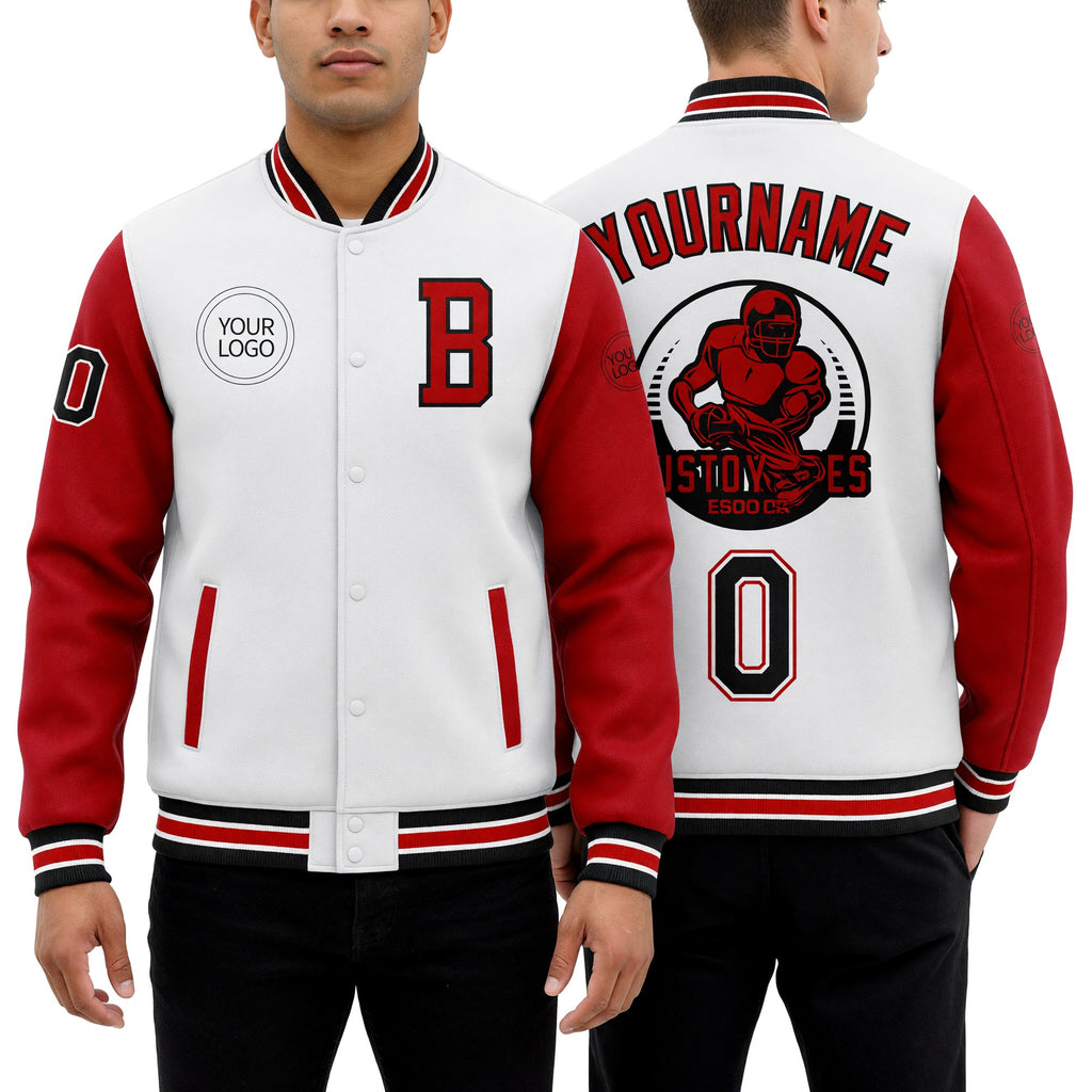 Custom White Red-Black Bomber Full-Snap Varsity Letterman Two Tone Jacket worn front and back
