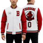 Custom White Red-Black Bomber Full-Snap Varsity Letterman Two Tone Jacket worn front and back