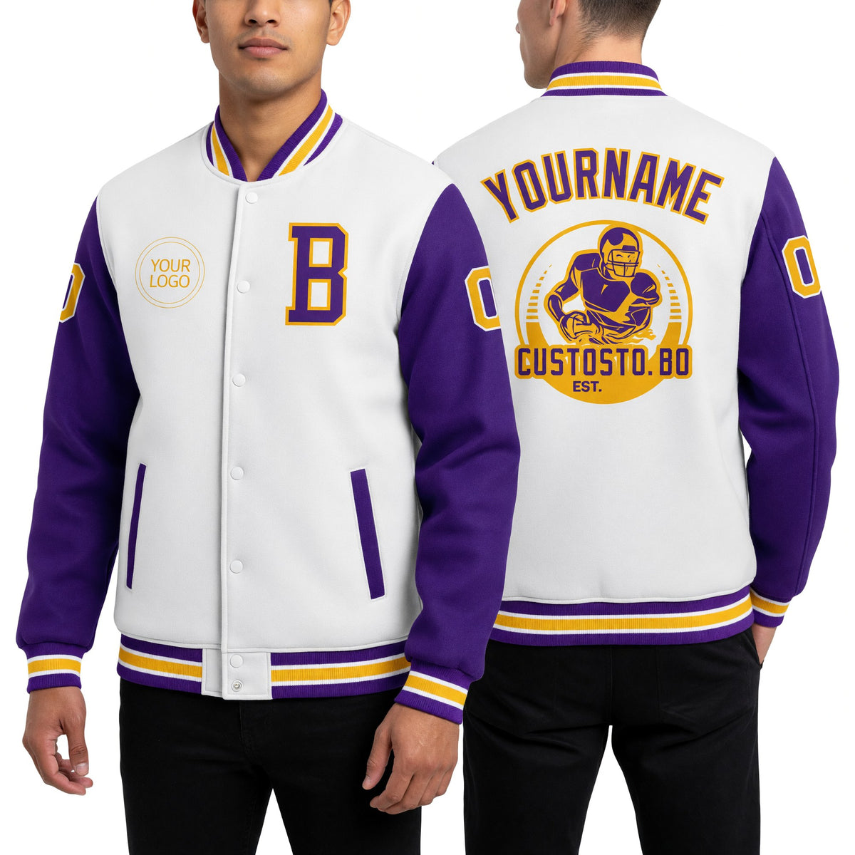 Custom White Purple-Gold Bomber Full-Snap Varsity Letterman Two Tone Jacket worn front and back