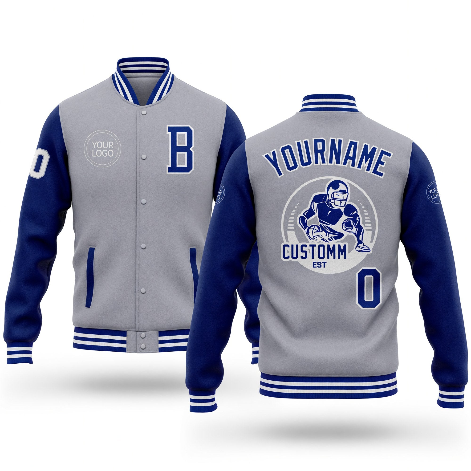Custom Gray Royal-White Bomber Full-Snap Varsity Letterman Two Tone Jacket